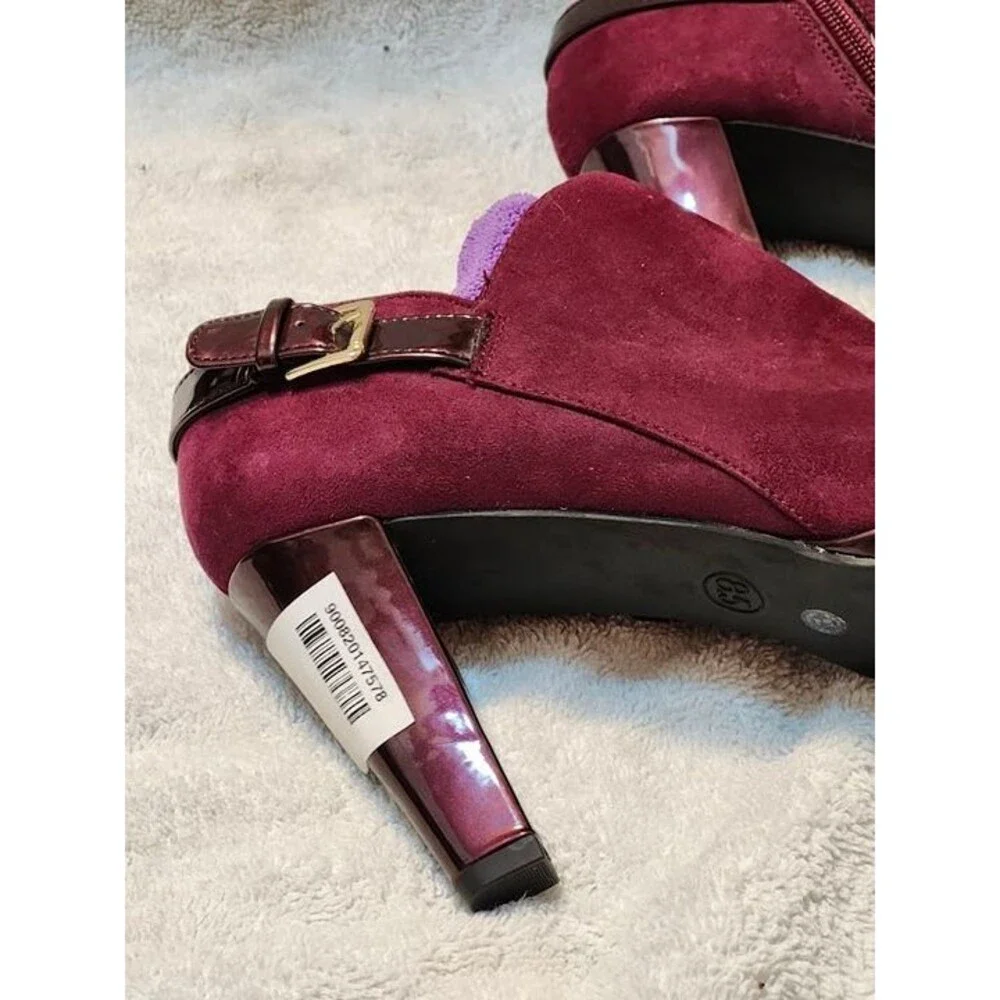 Women’s East 5th faux suede ankle booties in a rich maroon color with glossy pat